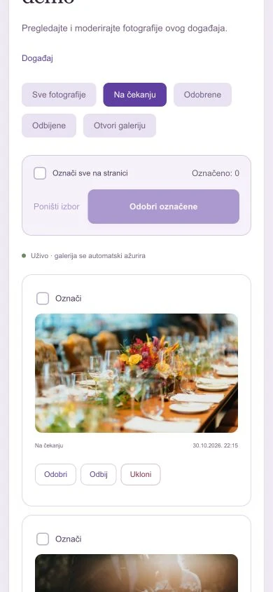 Pregled, odobravanje i uklanjanje fotografija u Partique aplikaciji